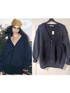 Zara | Oversized Pleated Sleeve Knit Cardigan In Navy